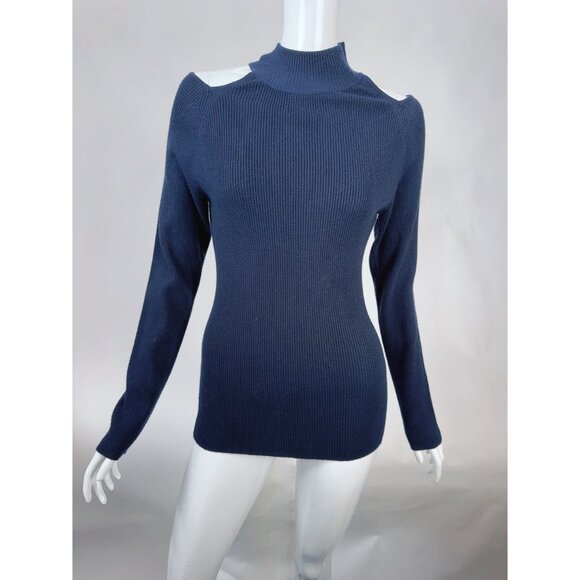 Catherine Malandrino Navy Cold Shoulder Ribbed Sweater Women XL Rayon/Polyester/ - Picture 7 of 16